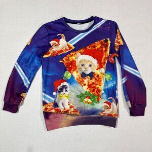 Funnycokid Galaxy Christmas Cat On Flying Pizza Ugly Christmas Sweater Size XL